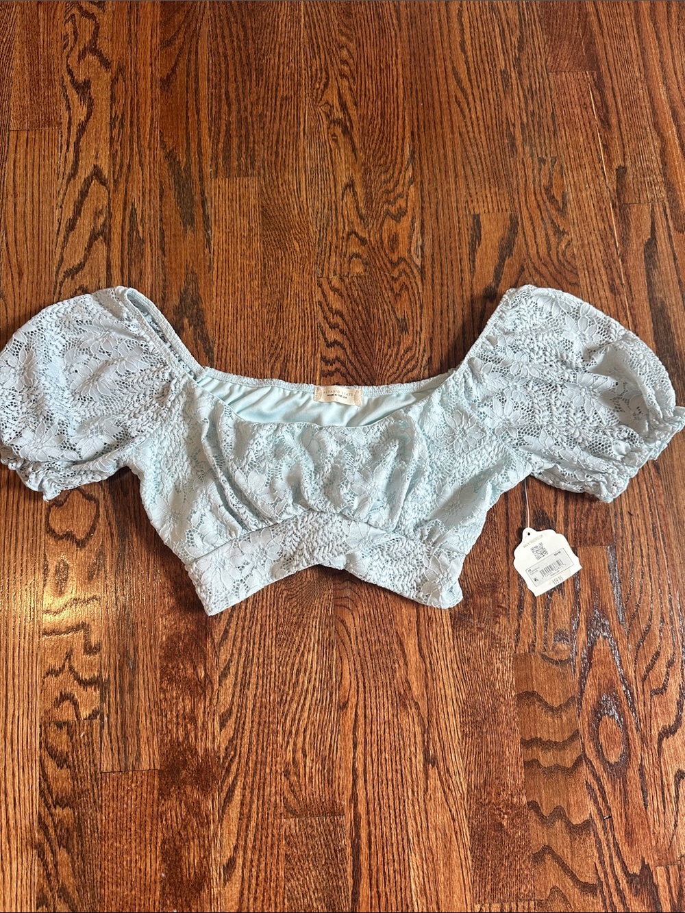 Altar'd State Powder Blue Lace Puff Sleeve Crop Top